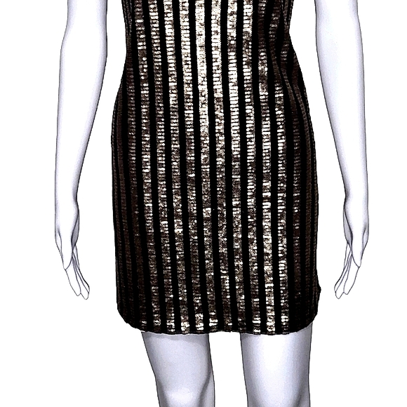 ALI & Jay black gold copper sequins stripes deep V back mini dress size medium - Picture 3 of 11